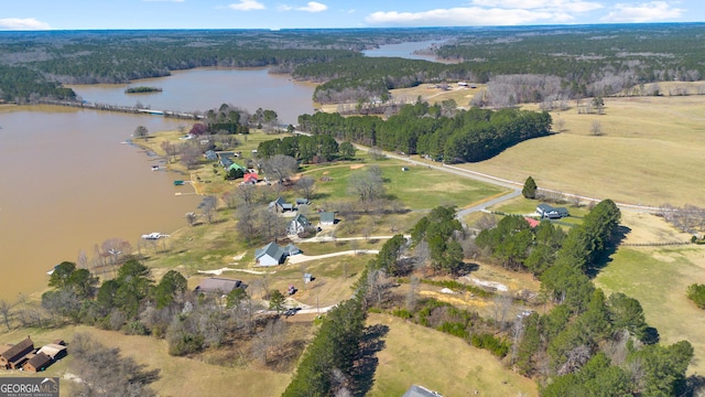 aerial view with a water view and a forest view