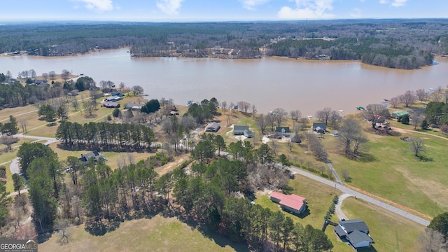 birds eye view of property with a water view and a wooded view