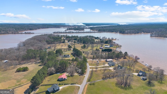 bird's eye view with a water view and a view of trees