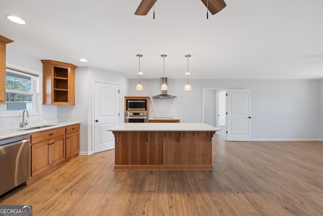 kitchen featuring light wood-type flooring, wall chimney range hood, appliances with stainless steel finishes, and a sink