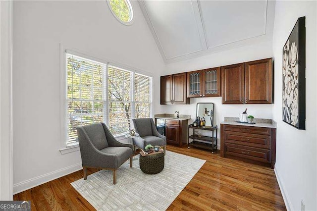 living area featuring dark wood-style floors, high vaulted ceiling, and baseboards