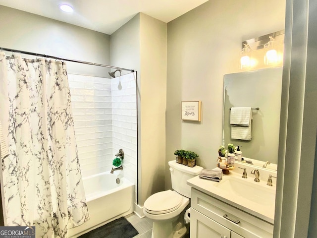 bathroom with toilet, shower / tub combo, tile patterned floors, and vanity