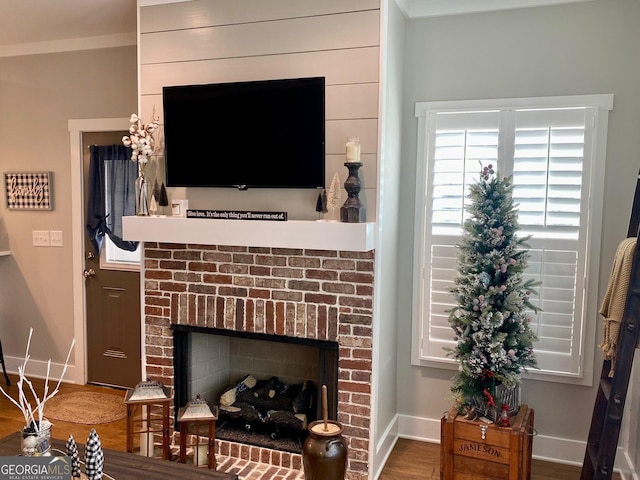 details with a fireplace, baseboards, and wood finished floors