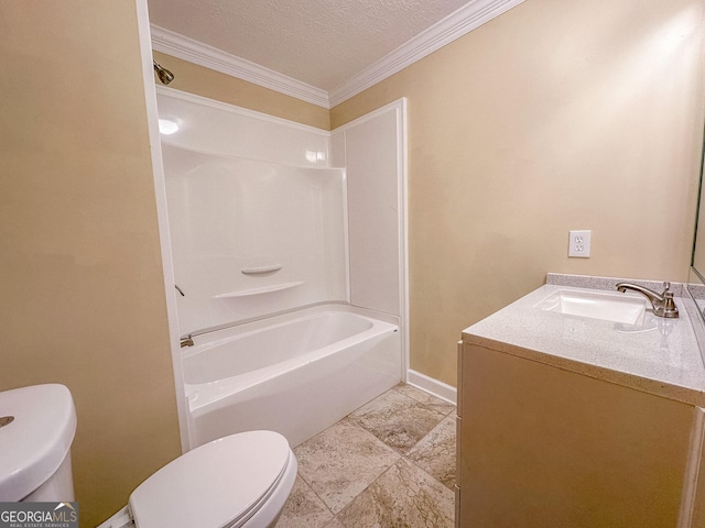 full bathroom with a textured ceiling, toilet, vanity,  shower combination, and ornamental molding