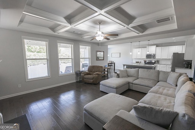 living room with coffered ceiling, visible vents, dark wood finished floors, and baseboards