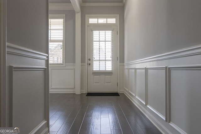 doorway featuring a wainscoted wall, ornamental molding, dark wood finished floors, and a decorative wall