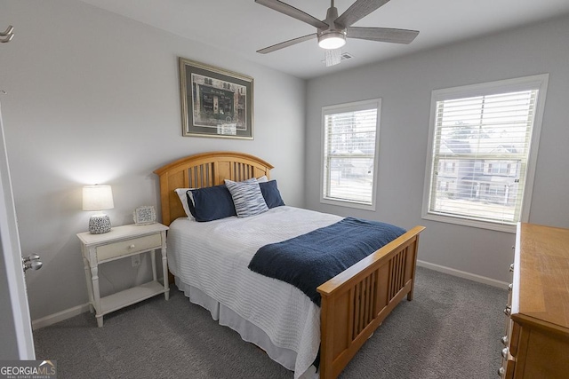 bedroom featuring ceiling fan, carpet, visible vents, and baseboards