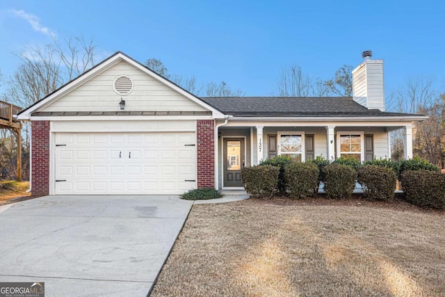 single story home with brick siding, concrete driveway, roof with shingles, a chimney, and an attached garage