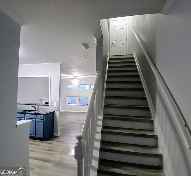 staircase featuring a ceiling fan, visible vents, baseboards, and wood finished floors