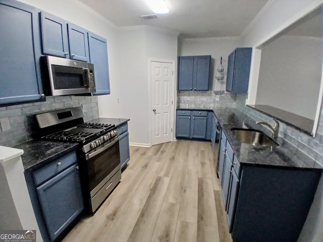 kitchen with stainless steel appliances, a sink, visible vents, decorative backsplash, and light wood finished floors