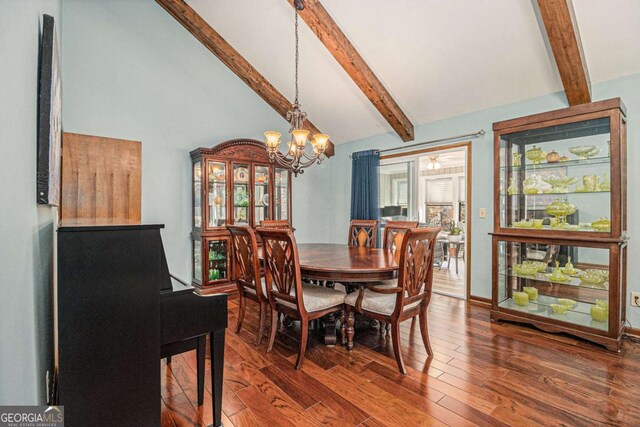 487 Glendale Ct, Stone Mountain, GA 30087 - dining area with vaulted ceiling with beams, wood finished floors, and a chandelier