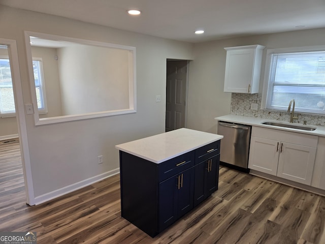 938 Rebel Forest Dr SE, Atlanta, GA 30315 - kitchen with dark wood finished floors, white cabinets, light countertops, stainless steel dishwasher, and a sink