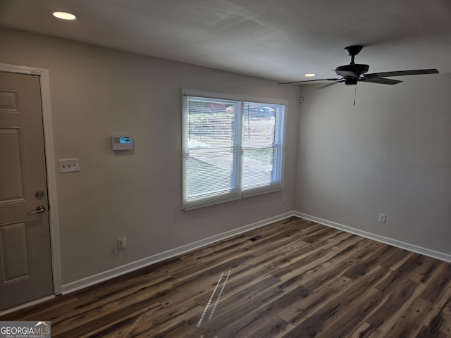 938 Rebel Forest Dr SE, Atlanta, GA 30315 - unfurnished room featuring a ceiling fan, recessed lighting, dark wood finished floors, and baseboards