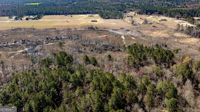 bird's eye view with a rural view and a wooded view