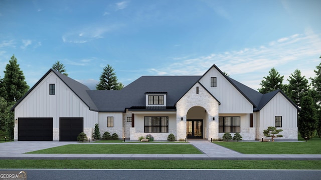 modern inspired farmhouse featuring board and batten siding, a front yard, and stone siding