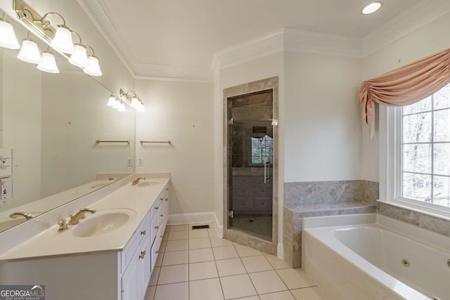 bathroom featuring crown molding, double vanity, a stall shower, a whirlpool tub, and tile patterned floors