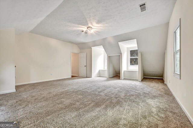 hallway with a textured ceiling, carpet floors, and a wealth of natural light