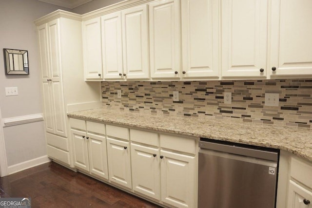 kitchen with light stone counters, tasteful backsplash, stainless steel dishwasher, baseboards, and dark wood-style flooring