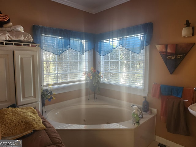 bathroom featuring crown molding, a tub with jets, and a wealth of natural light