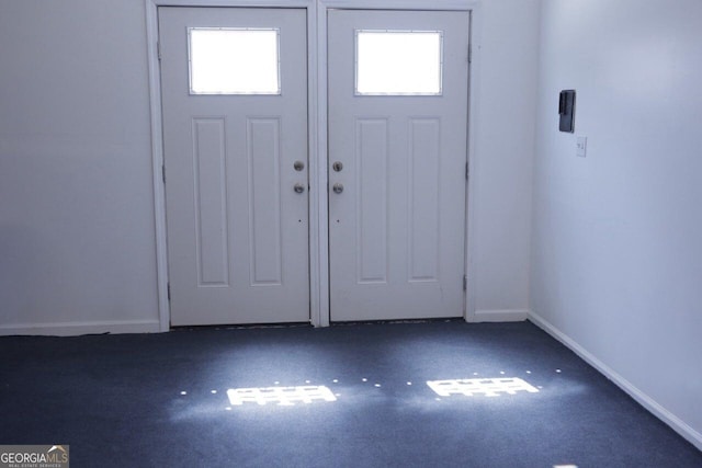 foyer entrance featuring a healthy amount of sunlight, baseboards, and carpet floors