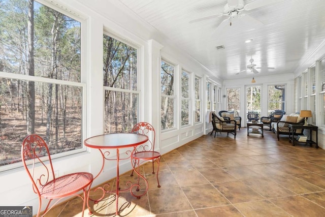 sunroom featuring ceiling fan and visible vents