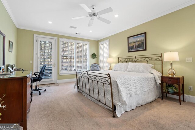 carpeted bedroom with crown molding, recessed lighting, baseboards, and access to exterior