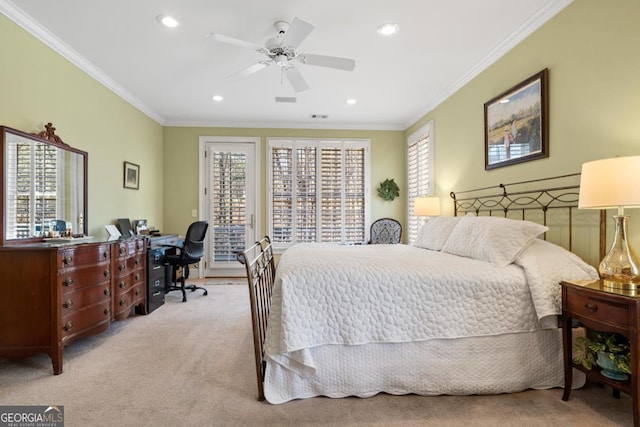 bedroom with ornamental molding, recessed lighting, a ceiling fan, and light colored carpet