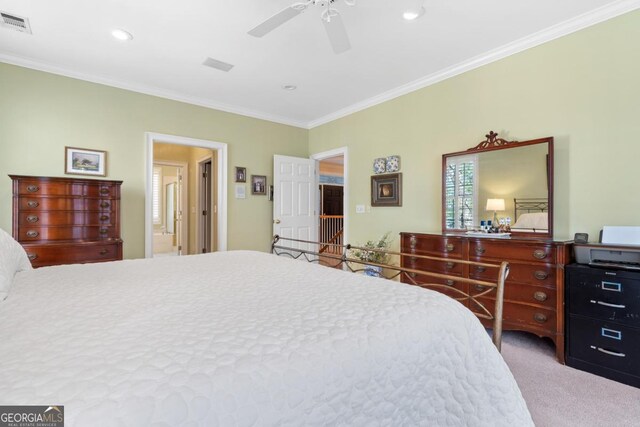 bedroom featuring carpet, crown molding, recessed lighting, visible vents, and ceiling fan