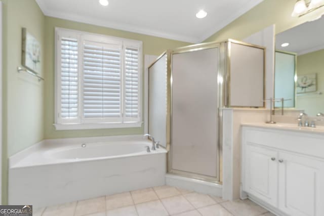 full bathroom with a bath, ornamental molding, a stall shower, and vanity