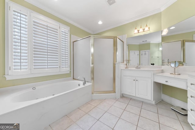 full bathroom featuring ornamental molding, visible vents, vanity, and a shower stall