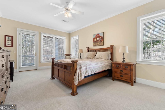 bedroom featuring access to exterior, crown molding, light colored carpet, visible vents, and baseboards