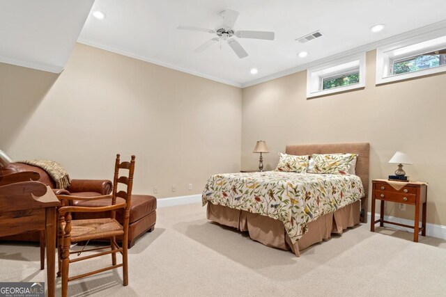 bedroom featuring ornamental molding, visible vents, and baseboards