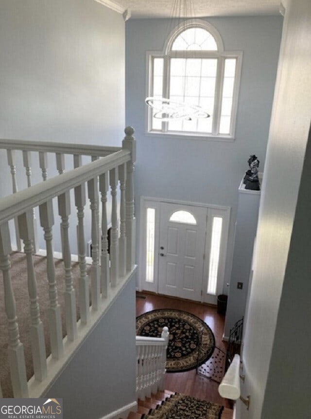 entrance foyer with a textured ceiling, a high ceiling, and wood finished floors