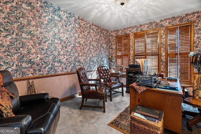 office area with baseboards, carpet, and wallpapered walls