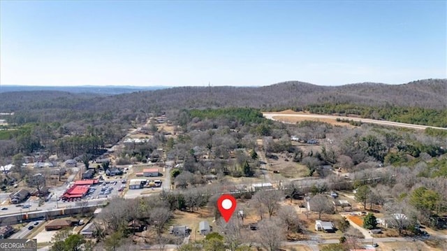 birds eye view of property with a wooded view and a mountain view