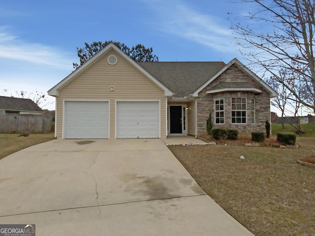 single story home with a garage, concrete driveway, roof with shingles, and stone siding