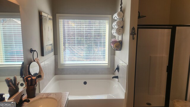 full bathroom with a stall shower, plenty of natural light, and a sink