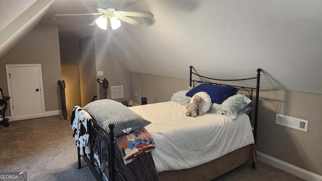 bedroom featuring carpet, visible vents, and vaulted ceiling
