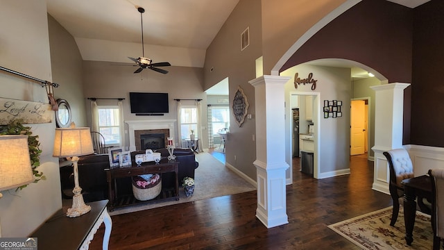 living area with ornate columns, a fireplace, arched walkways, and wood finished floors