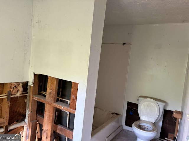 bathroom featuring a washtub, a textured ceiling, and toilet