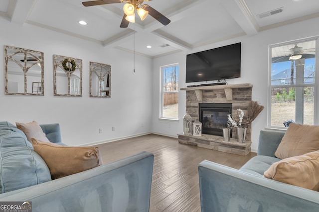 living room with coffered ceiling, wood finished floors, visible vents, baseboards, and beam ceiling