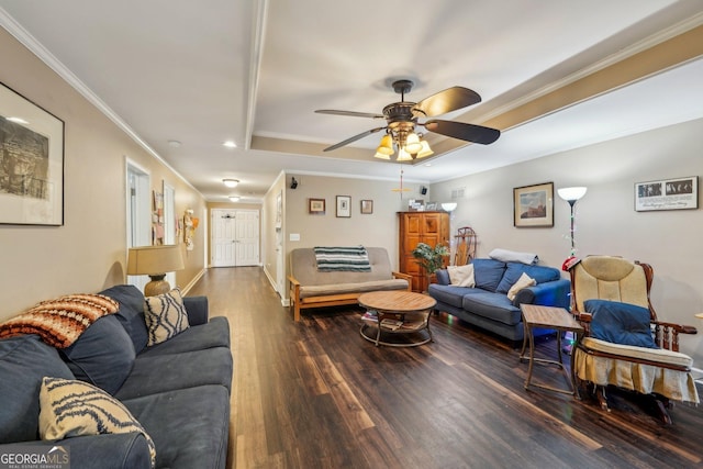 4740 Arbor Meadows Dr, Cumming, GA 30040 - living area featuring baseboards, a raised ceiling, ceiling fan, ornamental molding, and wood finished floors