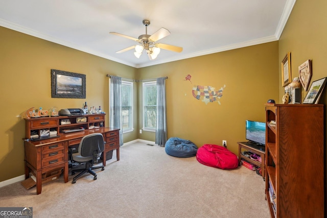 4740 Arbor Meadows Dr, Cumming, GA 30040 - carpeted home office featuring baseboards, ornamental molding, and a ceiling fan