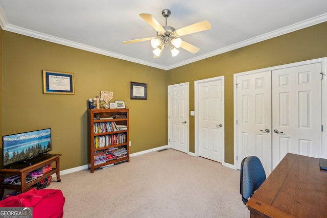4740 Arbor Meadows Dr, Cumming, GA 30040 - carpeted office space with ornamental molding, a ceiling fan, and baseboards