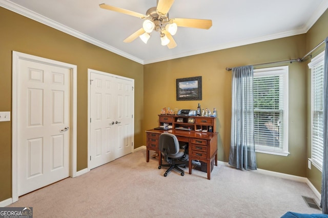 4740 Arbor Meadows Dr, Cumming, GA 30040 - office area with baseboards, ornamental molding, a ceiling fan, and light colored carpet