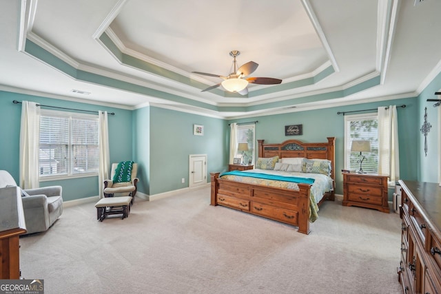 4740 Arbor Meadows Dr, Cumming, GA 30040 - bedroom with ornamental molding, a raised ceiling, light colored carpet, and baseboards
