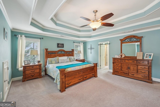 4740 Arbor Meadows Dr, Cumming, GA 30040 - carpeted bedroom featuring baseboards, a tray ceiling, visible vents, and crown molding