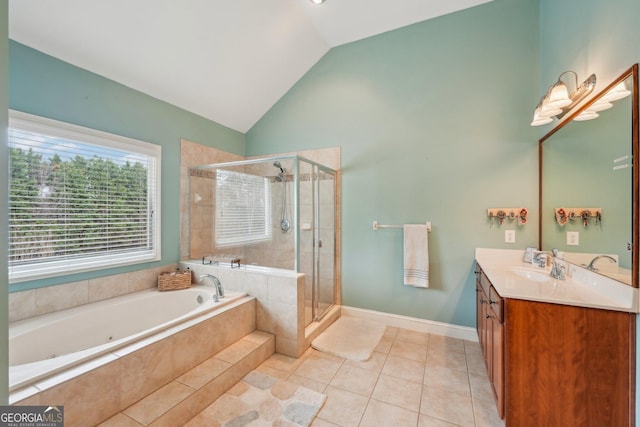 4740 Arbor Meadows Dr, Cumming, GA 30040 - full bath with a garden tub, a stall shower, vaulted ceiling, vanity, and tile patterned flooring