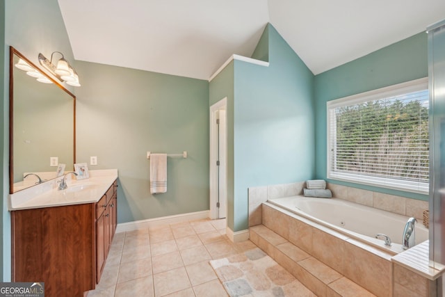 4740 Arbor Meadows Dr, Cumming, GA 30040 - bathroom with baseboards, lofted ceiling, tile patterned floors, vanity, and a bath
