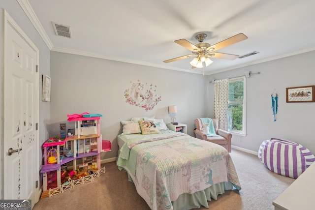 4740 Arbor Meadows Dr, Cumming, GA 30040 - bedroom with carpet floors, visible vents, crown molding, and baseboards
